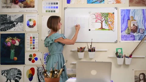 Artist draw sketch on online laptop class, use whiteboard Spbas. 40s woman Stock Footage