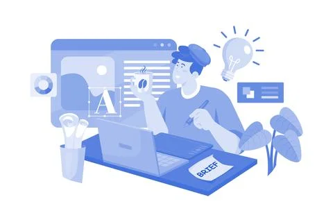 Artist Drawing On Graphic Tablet Drinking Coffee Stock Illustration