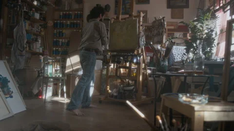 Artist Drawing in Studio, Throwing and Kicking Canvas during Mental Breakdown Stock Footage 334685263