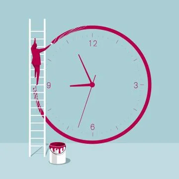 The artist draws the clock on the wall. The background is blue. Stock Illustration