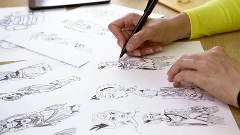 The artist draws on paper characters for computer games or comics. Stock Footage 245744209