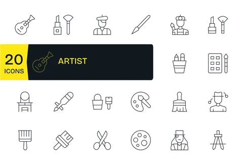 Artist Essential Vector Set including 20 Detail Enhanced Thin Line 128x128 .. Stock Illustration