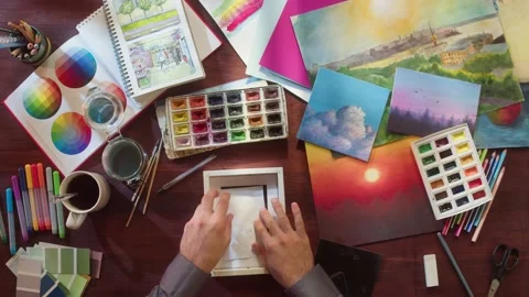 Artist inserting landscape into frame top view. Art and inspiration, designer Video stock 182011727