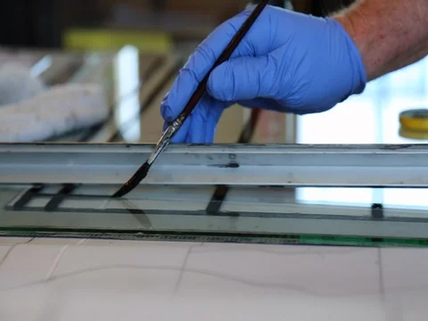 Artist painter drawing black line glass surface closeup Stock Footage 81845845