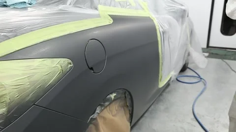 Artist painting a car, Car Shop , Peugeot, Paint Gun Stock Footage