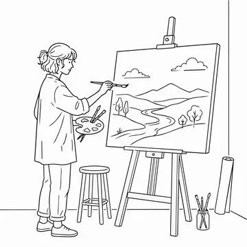 Artist painting landscape on canvas, creative hobby, drawing illustration S.. Иллюстрация