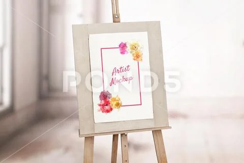 Artist paper mockup on wooden easel in gallery PSD Template