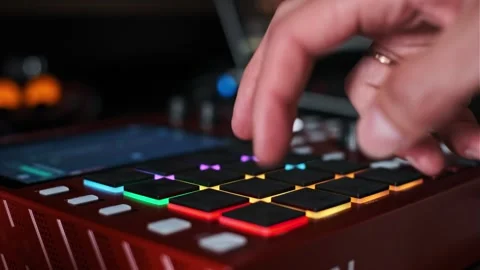 Artist Playing Drum Pad Machine with Neon Lights in Studio Stock Footage 311876609