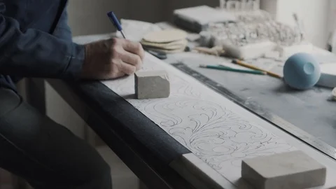 The artist put on the marble slab pattern for further processing, side view 스톡 동영상 99039401