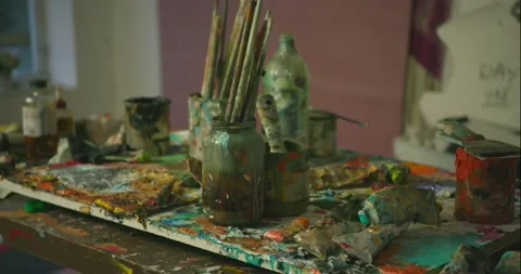 Artist Studio - messy table Stock Footage 166478534