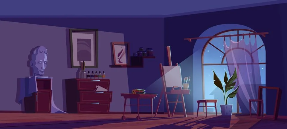 Artist studio at night, empty room with art stuff Stock Illustration