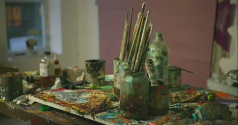 Artist Studio - paint on tables Stock Footage 166478543