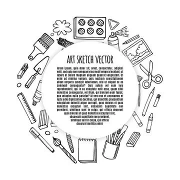 Artist tools sketch hand drawn frame vector. Stock Illustration