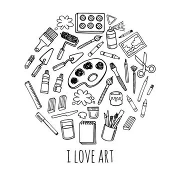 Artist tools sketch set vector in circle desing Stock Illustration