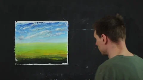 Artist working on painting. Process of creating paintings on canvas. Stock Footage 48939485