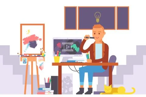 Artist working in studio, vector illustration. Cartoon character designer Stock Illustration