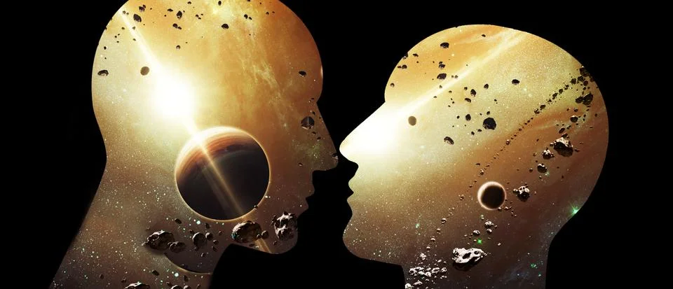 Artistic 3d Computer Generated Illustration Of Two Galactic Abstract Human Ar Stock Illustration