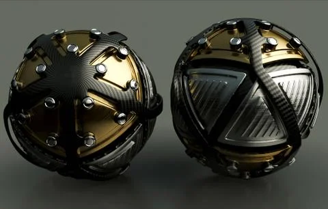 Artistic 3d computer generated rendering illustration of two artwork shaped a Stock Illustration