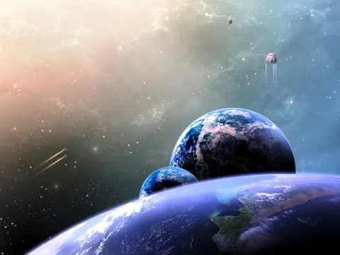 Artistic 3d illustration of multi dimensional worlds in bright space Stock Illustration
