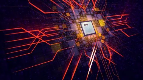 An artistic 3d illustration of a square CPU tablet making a diagonal and stra Stock Illustration