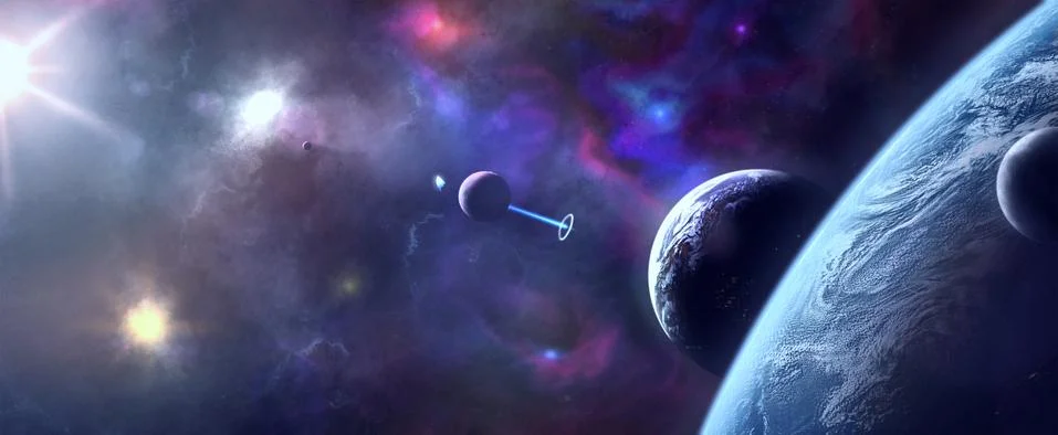 Artistic 3d render illustration of planets exposed to bright stars Stock Illustration
