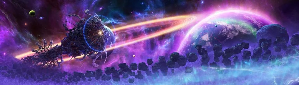 Artistic 3d rendering illustration of an alien spaceship in an asteroids scen Stock Illustration