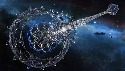 Artistic 3d rendering illustration of an alien spaceship in dark space Stock Illustration