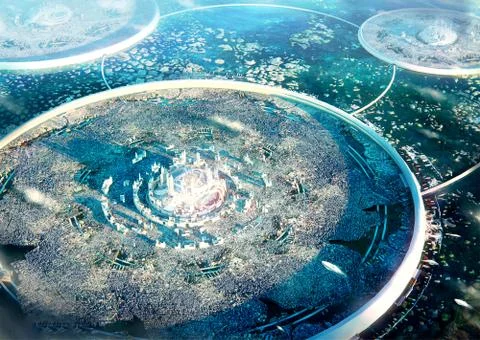 Artistic 3d rendering illustration of a drone shot of a powerful kingdom Stock Illustration