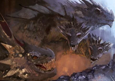 Artistic 3d rendering illustration of a group of dragons Stock Illustration