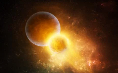 Artistic 3d rendering illustration of planet and moon colliding イラスト素材