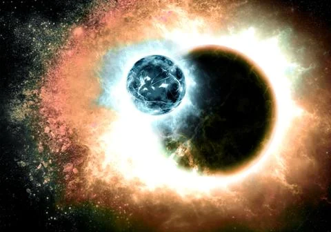 Artistic 3d rendering illustration of two planets collide Stock Illustration