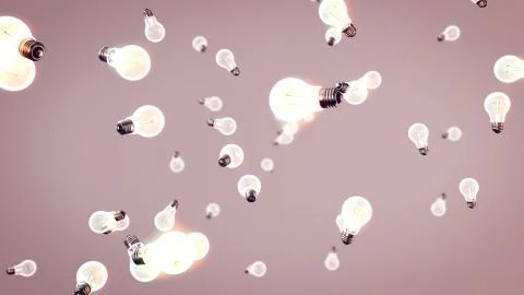 An artistic 3d rendering of white electric bulbs spinning in the air in the l Stock Illustration