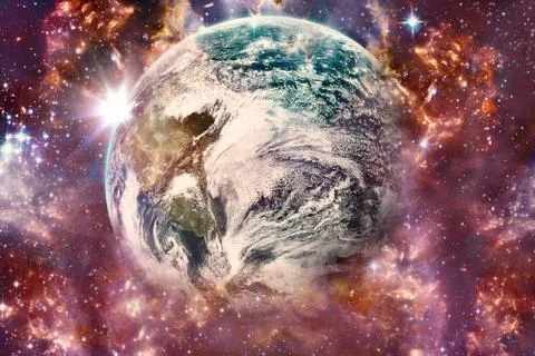 Artistic Abstract Galactic Multicolored Nebula Galaxy Surrounding Earth In An Stock Illustration