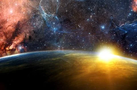 Artistic Abstract Glowing Planet On A Dramatic Multicolored Galaxy Background Stock Photos