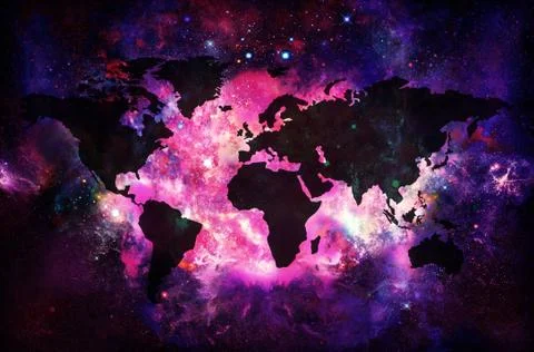 Artistic Abstract Multicolored World Map On A Smooth Galaxy Space Artwork Stock Illustration