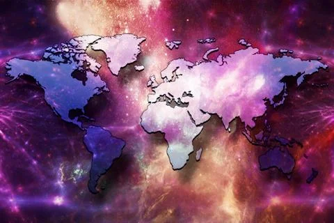 Artistic Abstract Multicolored World Map On A Smooth Nebula Galactic Backgrou Stock Illustration