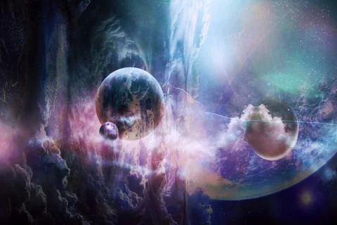 Artistic Abstract Planet Falling Into A Smooth Colorful Galaxy Background Stock Photos