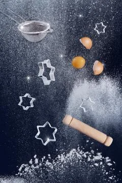 Artistic and creative baking concept showing necessary baking ingredients Stock Photos