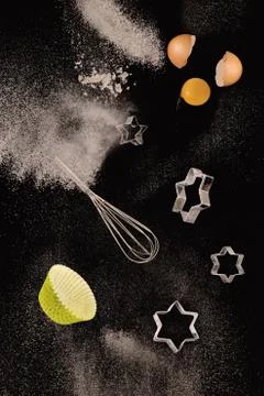 Artistic and creative baking concept showing necessary baking ingredients Stock Photos