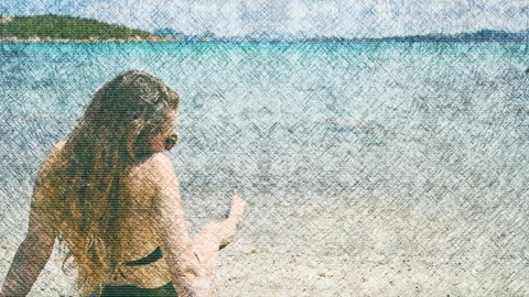 Artistic animated rendering postcard of young attractive woman lying on  beach Stock Footage 108939257