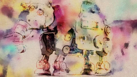 Artistic Animation of a Walking Robot with Vibrant Watercolor and Digital A.. Stock Footage 318434539