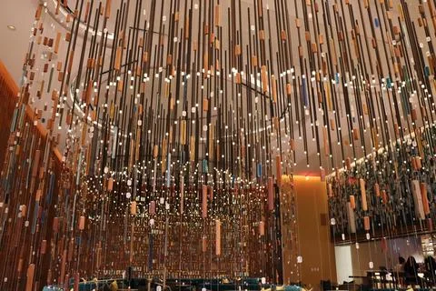 Artistic Ascent: Captivating Ceiling Installation with Suspended Elements Stock Photos