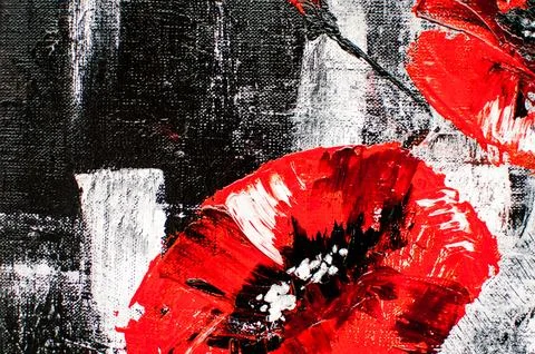 Artistic black background with white and red paint spots in the form of flowe Stock Illustration