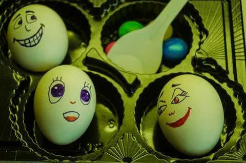 Artistic close-up composition of funny egg family feeling for christmas and e Stock Photos