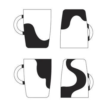 Artistic coffee mugs with abstract patterns 2D line objects set Illustrazione stock