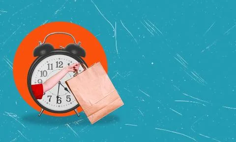 Artistic Collage. Clock Hands, Home Grocery Delivery, Timely Parcel Delivery. Stock Photos
