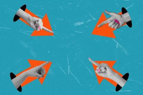 This artistic collage features hands pointing toward the center. The hands ar Stock Photos