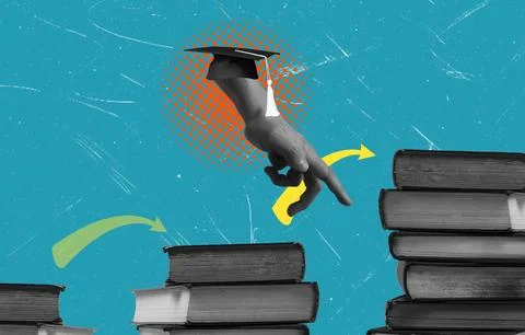 In the artistic collage, a hand leaps over a stack of books. The background i Fotos Stock