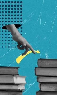 In this artistic collage, a hand leaps onto a stack of books. The bright and  Stock Photos