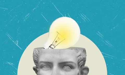 Artistic collage. Solving business issues. A light bulb from the head 스톡 사진